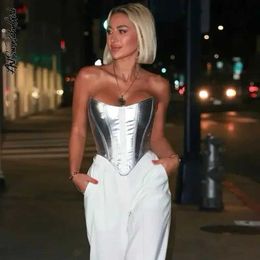Women's Tanks Camis Sexy womens silver tube top fashionable sleeveless tight fitting corset top summer casual metal top elegant womens strapless vest S2452733