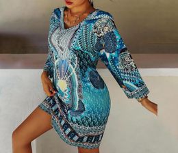 Casual Dresses Women Summer Dress Plus Size Ethnic Style Printed Longsleeved Vneck 34 Sleeve Long 2021 Maxi Dresse9533869
