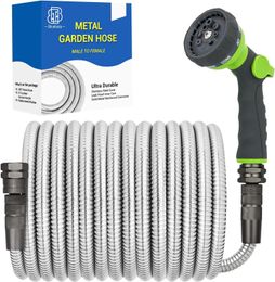 Metal Garden Hose 100FT Heavy Duty Stainless Steel Water with 8Mode Spray Nozzle 34 Fittings Puncture Resistant 240514