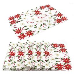 Table Mats Placemats Set Of 6 Embroidered Christmas Poinsettia & Holly Design 11X17 Inch Decor Durable