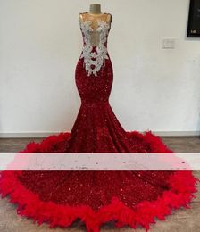 Sparkle Red Mermaid Prom Dresses 2024 Blackgirl Rhinestone Sheer Neck Sequin Feathers Party Gowns abendkleider