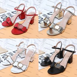 2024 Designer high Heels shoes Mid Heel Leather Slides Sandals metallic laminate White red Brown Black Luxury Ankle Buckle chunky low women sandal summer Sexy slide