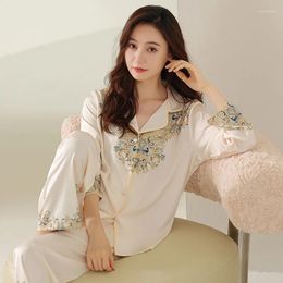 Home Clothing Spring Summer Women's Thin Ice Snow Silk Pyjamas Set Long Sleeve Pants Loose Simulation Suit Luxury Printing Sleepwear