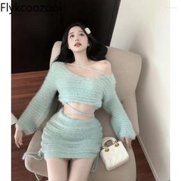 Work Dresses Flykcoozooi Vintage Skirts Sets Off Shoulder Solid Knit Pullovers Tops A-line Mini Skirt Girls Two Piece Set Female Outfits