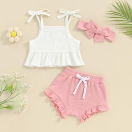Clothing Sets Cute Summer Baby Girls Clothes 3PCS Ribbed Ruffle Sleeveless Toddler Outfits Solid Colour Camisole Tops Shorts Headband Set