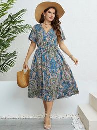 Casual Elegant Vintage Bohemian Style V-Neck Women Plus Size Clothing Summer Short Sleeve Paisley Printed A-Line Long Dresses 240527