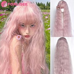 Forlisee synthetic cherry pollen long curly hair with straight bangs wig Lolita Water Wave COS wig 240520