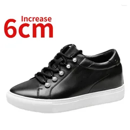 Casual Shoes Genuine Leather Board For Women Invisible Height Increased 6cm Thick Platform Pearl Design Heightening