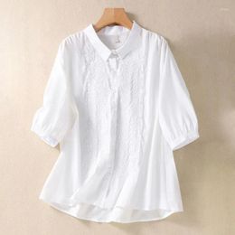 Women's Blouses Vintage Floral Embroidery Long Sleeve Button Up Breathable Cotton Summer Casual Tops For Women Classic Down Shirt
