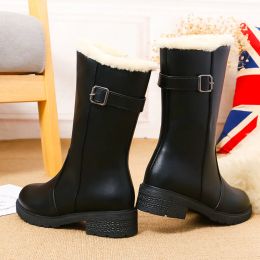 2024 Women'S Winter Warmth Boots Mid Calf Leather Snow Boots Solid Color Simple And Fashionable Rain Boots Shoes Warm Shoes