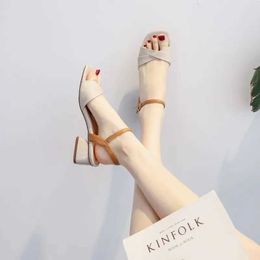 Dress Shoes Fairy Style Square Head Colour Contrast Open toe Sandals Summer Thick Heel Fashion One Button Roman High Womens H240527 OCXH