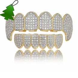 Gold Shiny ICED OUT Teeth Grillz Rhinestone Top Bottom Grills Set Hip Hop Jewelry