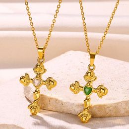 Pendant Necklaces Vintage Heart Cross For Women Gold Color Stainless Steel Opal Clavicle Chain Religious Jewelry Gifts