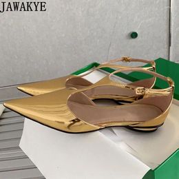 Casual Shoes JAWAKYE Mirror Leather Gold Flats T-strap Mary Janes Office Ladies Dress Flat Designer Pointed Toe Brand Woman