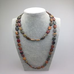 ST0004 Square picasso jasper Bead 42 inch Knotted Long semi precious stone necklaces New Design Necklace free shipping 2046