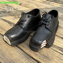 Casual Shoes Cake Pattern Black Strange Toe Flat For Female Women 2024 Est Lace-up Real Leather Fashion Thick Sole
