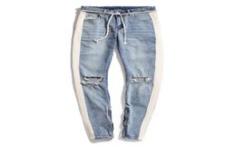 Mens Jeans Designer Skinny Ripped White Striped Jeans Fashion Stretch Slim Drawstring Biker Pants Black Blue8492772
