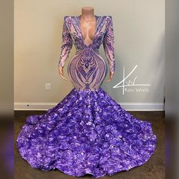 Lavendel Purple Meerjungfrau Abend Festzugskleider 2021 Real Image Langarm Spitzen -Pailletten 3d Blumen -Prom -Formalkleider Robe tragen 207Q