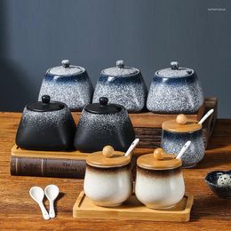 Storage Bottles Japanese Style Vintage Ceramic Spice Jar Combination Set Kitchen Salt Box With Lid Pepper Sugar Food Utensils