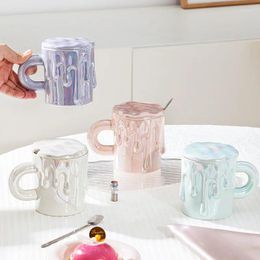Mugs Creative Melting Shape Pearl White Pink Green Purple Ceramic Coffee Mug With Lid Spoon Funny Milk Tea Cup Travel Home Drinkware