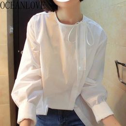 Women's Blouses OCEANLOVE Side Lace Up Women Shirts&blouses Solid Spring Fall Sweet Simple Elegant Blusas Mujer Korean Fashion Retro Camisas