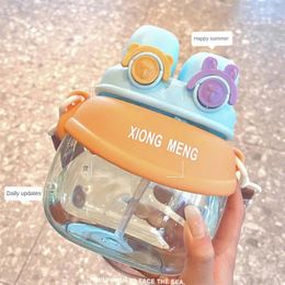 Water Bottles Plastic Bottle Double Drinking Large Capacity Sports Cute Cartoon Portable Straw Cups Kitchen Drinkware