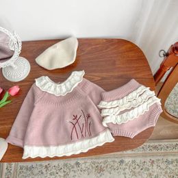 Clothing Sets Baby Korean Style 2024 Spring And Autumn Girls Knitted Lace Collar Sweater Ruffled Shorts Sweet Casual Two-piece Set