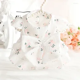 Dog Apparel Pet Clothing Floral Flying Sleeve Princess Dress For Dogs Clothes Cat Small Bowknot Print Cute Thin Summer Pink Yorkshire