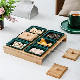 Plates Nordic Ceramics Bowl Grid Snack Platter Green Nut Dried Fruit Plate With Cover Living Room Home Kitchen Tableware