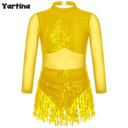 Dancewear Girls Latin Jazz Modern Dance Performance Costume Sequins Cut Out Back Leotard Tassel Salsa Tango Ballroom Dance Dress Dancewear Y240524