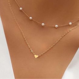 selling double Hot layer creative and minimalist street auction necklace copper heart pearl multi layer clavicle chain