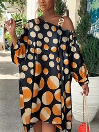 Plus Size 1XL-5XL Womens Casual Round Neck Loose Long Skirt with Polka Dot Print Bat Sleeves Irregular Hem Dress 240527