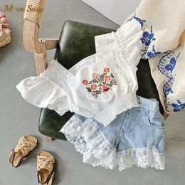 Clothing Sets Fashion Baby Girl Cotton Clothes Set Embroidery Flower Tshirt Lace Jean Shorts 2PCS Chilld 2-10Y