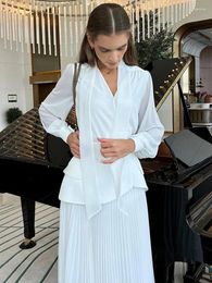 Work Dresses Elegant Mesh Top Pleated Skirt Sets Women Summer Long Sleeve V-neck Tops Two Piece Set Female 2024 Fashion White Lady Suit