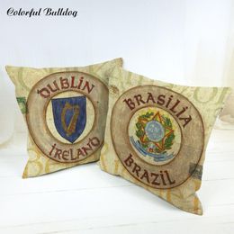 Brazil French German Ireland Italian London Puerto and Spain Coat Of Arms Handmade Vintage Shabby Chic Wood Cushion Cover Fundas 260q