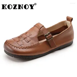 Casual Shoes Koznoy 2.5cm Retro Ethnic Chequered Weave Genuine Leather Summer Women Oxford Soft Soled Hollow Comfy Buckle Strap Loafers