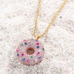 Iced Out Colourful Donuts Pendant Necklace Fashion Mens Womens Couples Hip Hop Rose Gold Necklaces Jewellery 276W