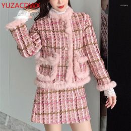 Work Dresses Ensemble Femme 2 Piece Sets Tweed 2024 Fall Set Women Pink Jacket Mini Skirt Two-piece Fur Collar