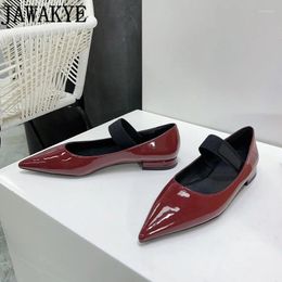 Casual Shoes Shiny Leather Red Mary Janes Elastic Strap Lazy Flat Loafers For Women Pointed Toe Brand Mules Office