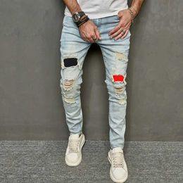 Jeans maschili nuovi jeans tendenza lacrima casual pantaloni a matita ultra sottili pantaloni a metà vita tessuto adesivo elastico in tessuto hip hop abbigliamento j240527