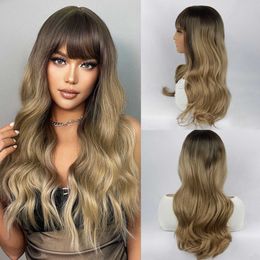 Wig womens gradient golden brown bangs long curly hair synthetic Fibre full head cover daily highlight dyeing cos