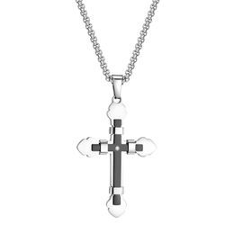 Black Silver Large CZ Cross Pendant Necklace Stainless Steel Jewellery For Mens 24'' Rolo Chain n1970