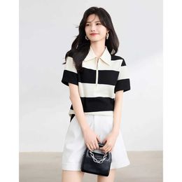 Women's Polos Korean style short Sve polo shirt womens cotton stretch fashion summer top elegant knitted striped T-shirt Y240527