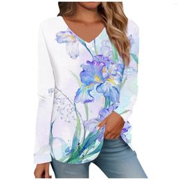 Women's T Shirts Shirt Fashion Floral Print Long Sleeve Female Pullover Casual Daily Versatile Basic V Neck Regular Fall Winter Tops