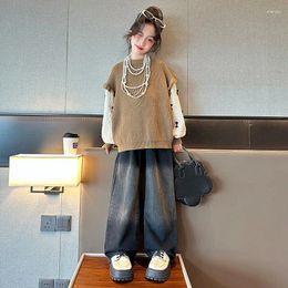 Clothing Sets Girls Clohes Suit Autumn 2024 Fashionable Western-style Pullover Sweater Gradient Jeans For And Childrens Two-piece Set