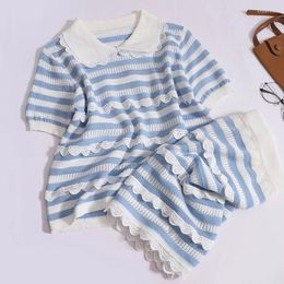 Work Dresses Doll Collar Lace Blue And White Stripes 2-piece Set Women Hollow-out Short-sleeved Tops Elegant High Waist Skirt Womens