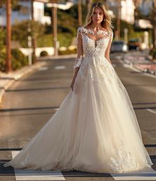 Elegant Long Bateau Neck Lace Wedding Dresses A-Line Tulle 3/4 Sleeves Illusion Back Sweep Train Vestido de novia Zipper Back Bridal Gowns for Women