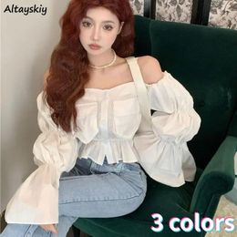 Women's Blouses Shirts Women Slash Neck Sexy Chic Sweet Folds Design Gentle Spring Flare Sleeve Retro Crop Tops French Style Aesthetic