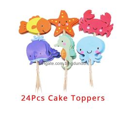 Other Event Party Supplies 24Pcs Ocean Sea Animal Cake Toppers Seahorse Starfish Fish Flags Under The Mermaid Theme Birthday Decoratio Dhrue
