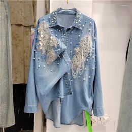 Women's Blouses Pearls Beaded Chains Tassels Flowers Embroidered Denim Shirts 3D Floral Sequined Fringed Diamonds Jeans Blouse Rhinestone